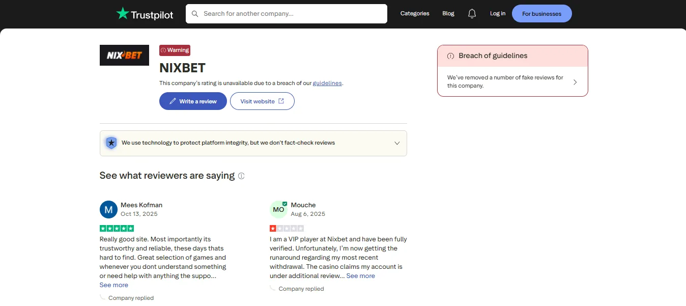 Screenshot of Nix Bet's Trustpilot rating overview