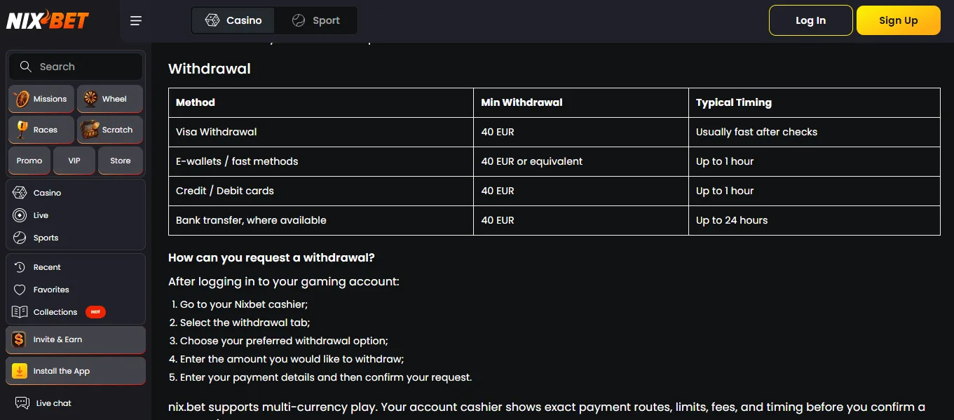Screenshot of Nix Bet's withdrawal section and limits