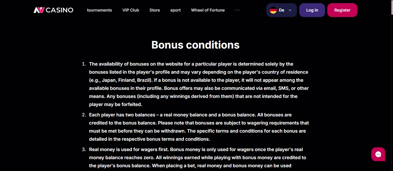 Screenshot of NV Casino's bonus terms and wagering requirements