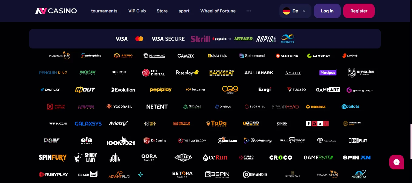 Screenshot of NV Casino's cashier and payment methods