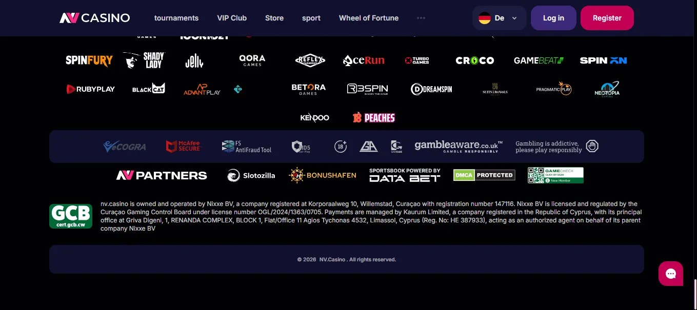Screenshot of NV Casino's footer licence and regulator details