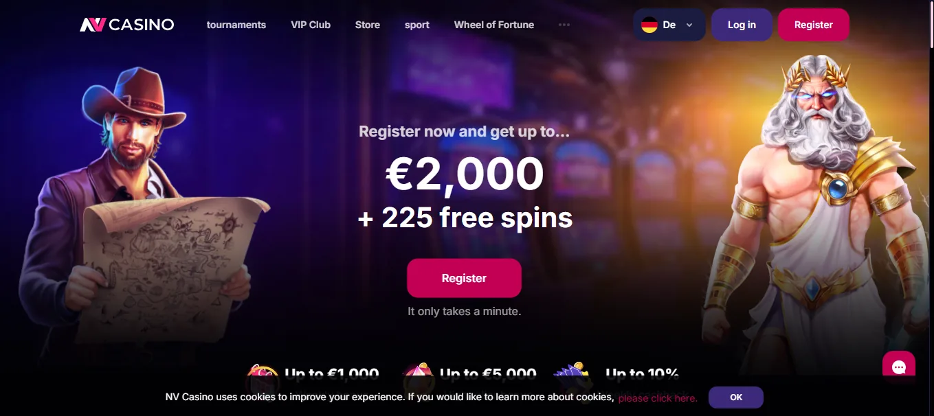 Screenshot of NV Casino's homepage
