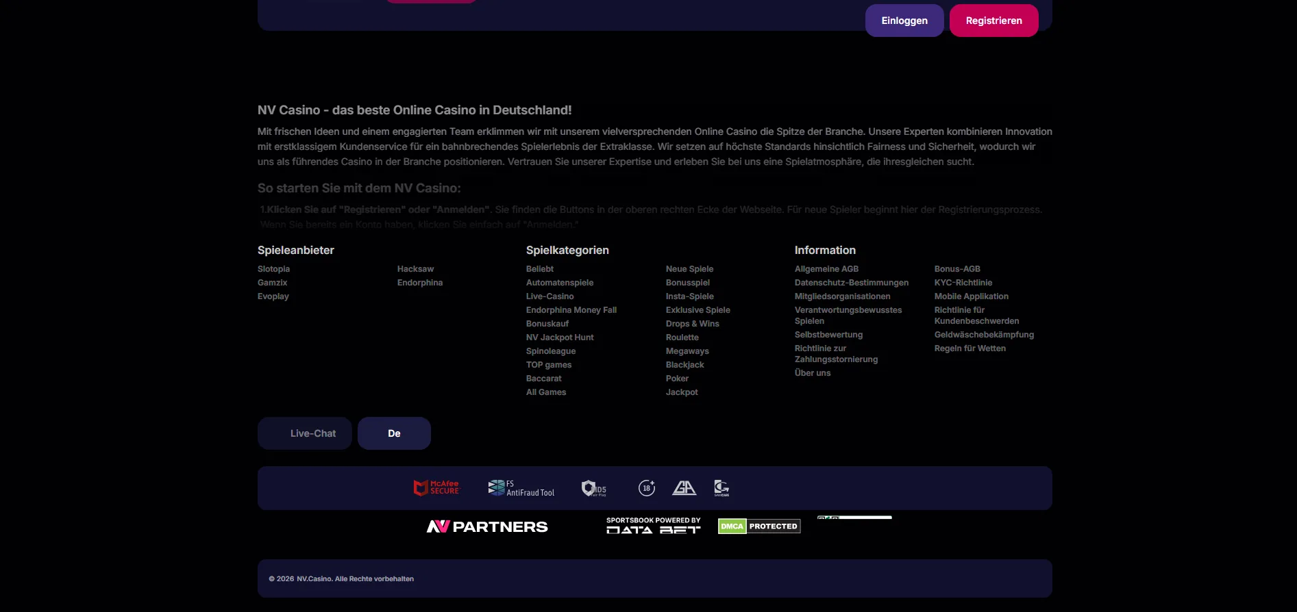 Screenshot of NV Casino's live chat support window