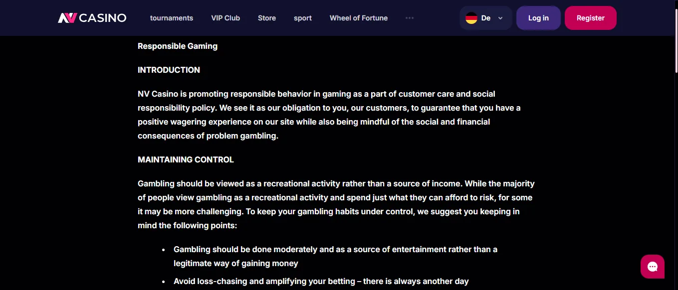 Screenshot of NV Casino's responsible-gambling tools