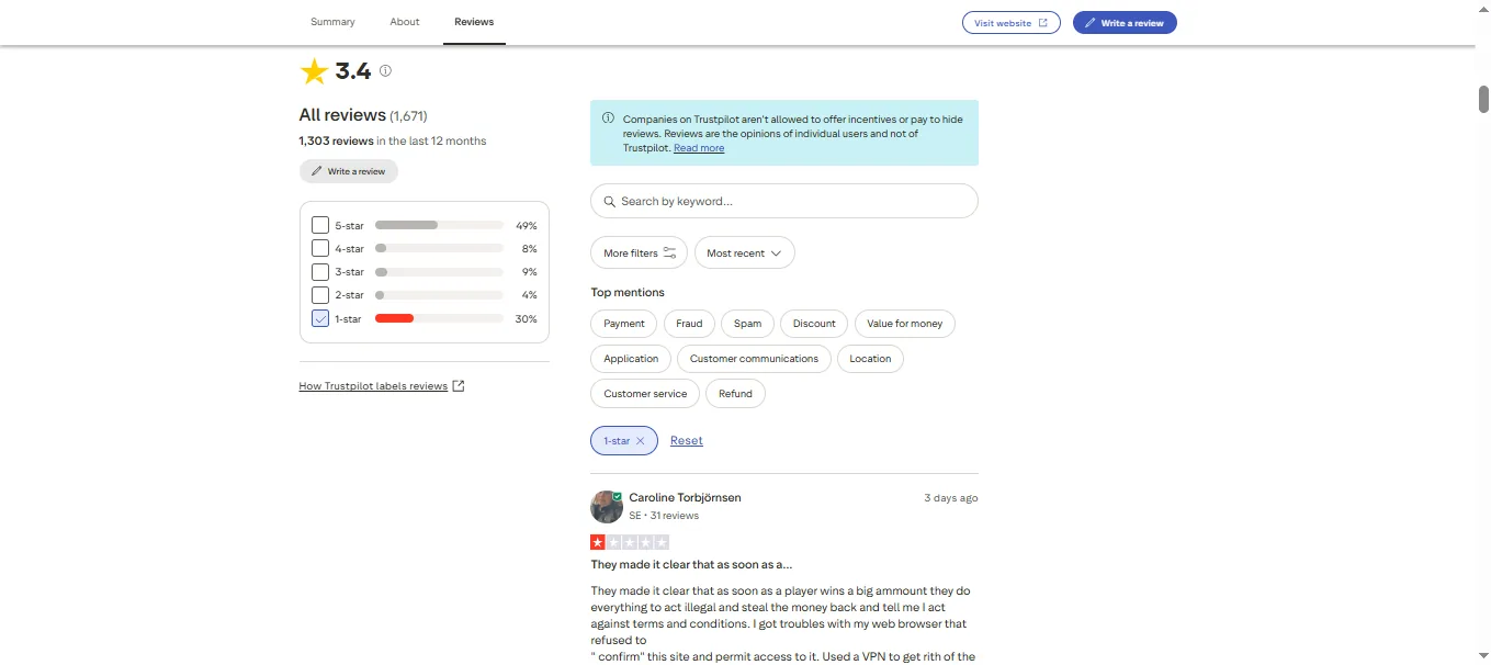 Screenshot of NV Casino's negative Trustpilot review