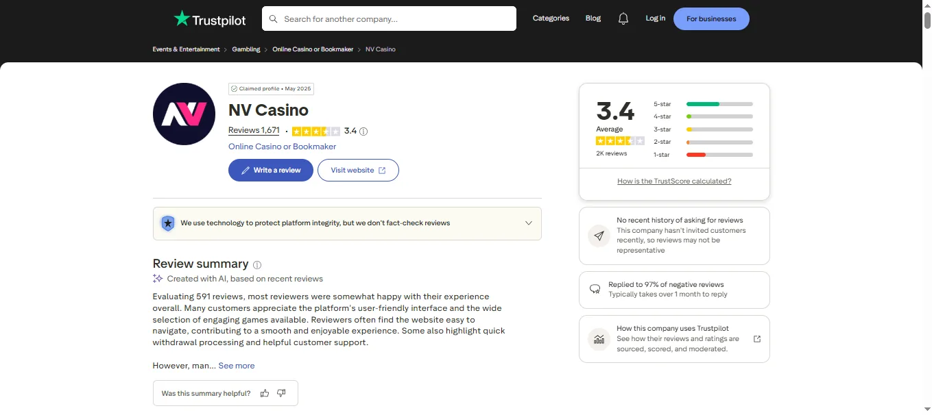 Screenshot of NV Casino's Trustpilot rating overview