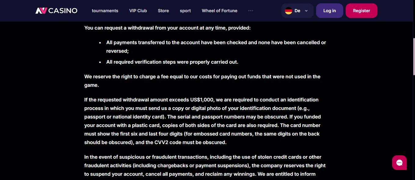 Screenshot of NV Casino's withdrawal section and limits