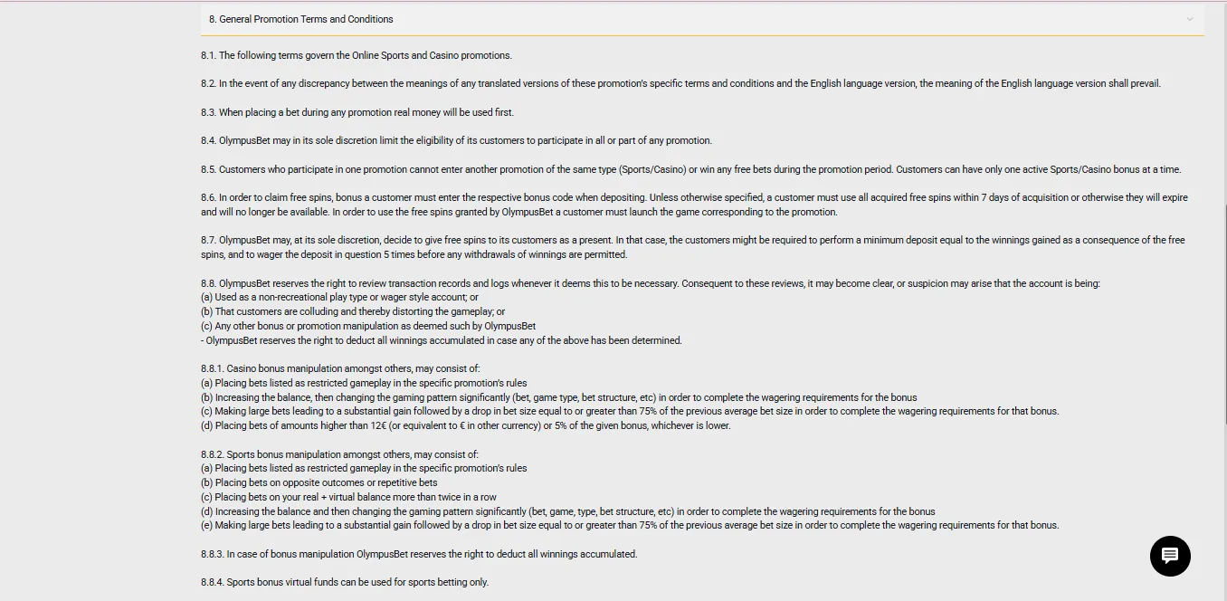 Screenshot of OlympusBet's bonus terms and wagering requirements