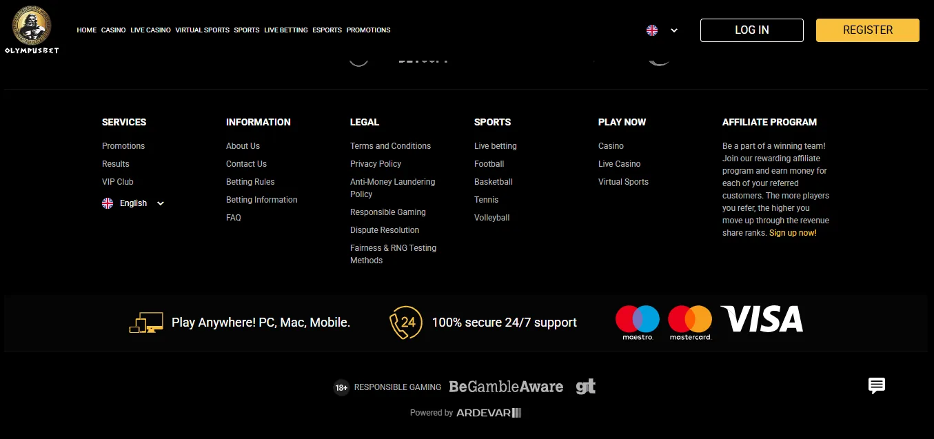Screenshot of OlympusBet's footer licence and regulator details