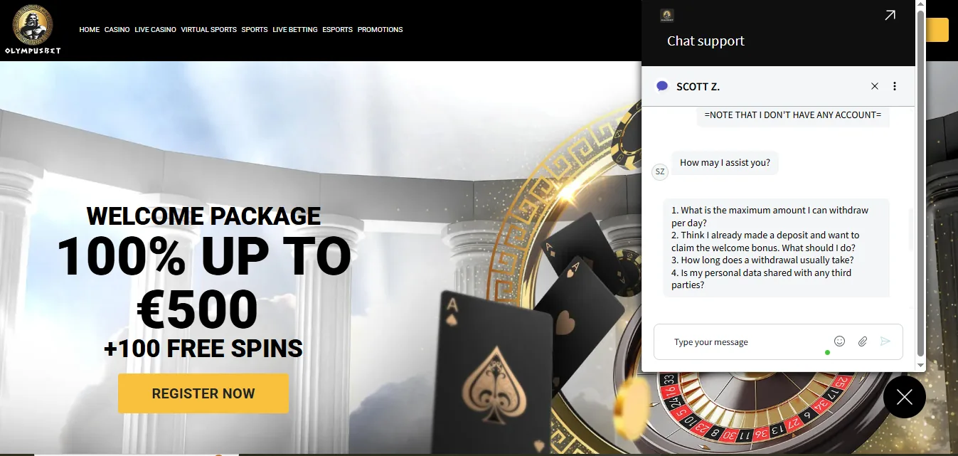 Screenshot of OlympusBet's live chat support window