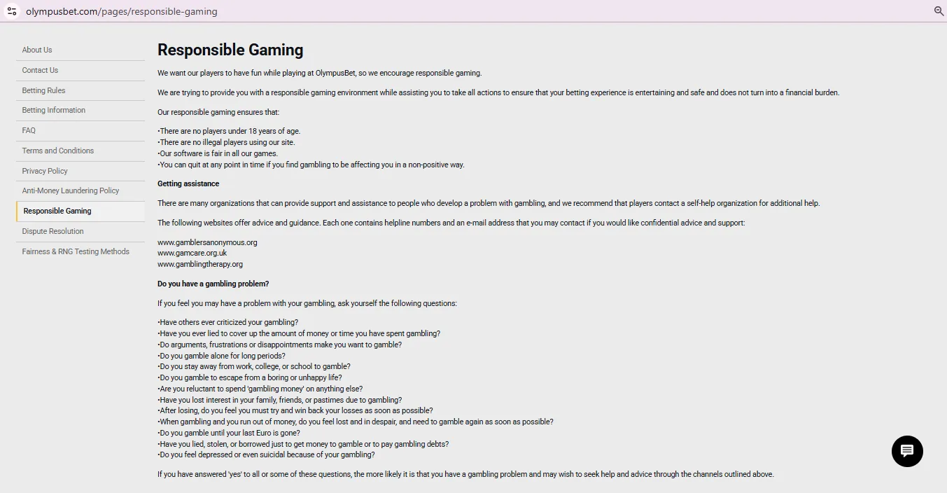 Screenshot of OlympusBet's responsible-gambling tools