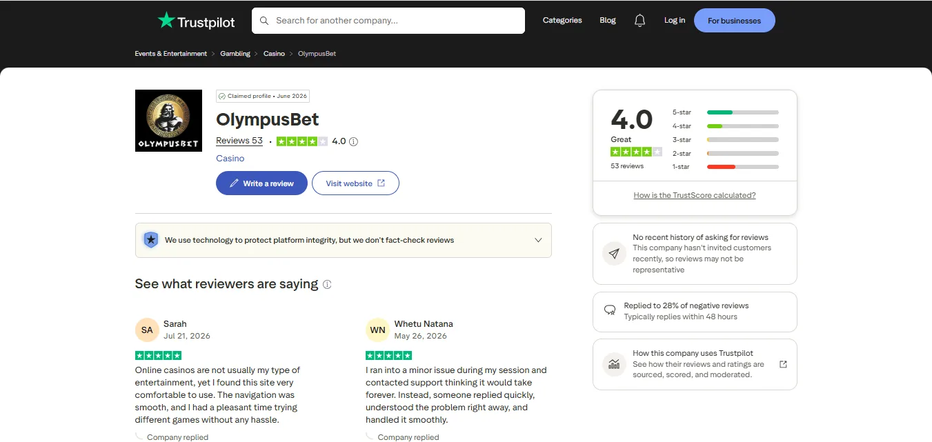Screenshot of OlympusBet's Trustpilot rating overview