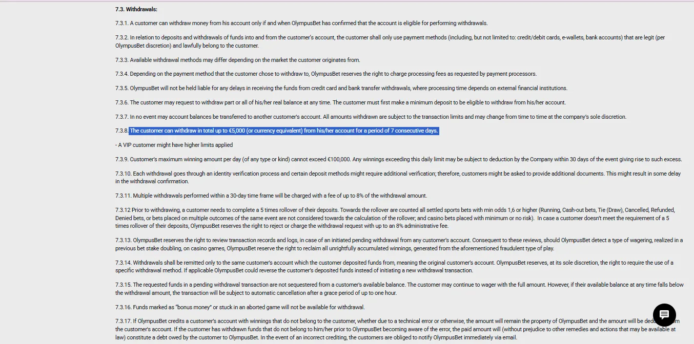 Screenshot of OlympusBet's withdrawal section and limits