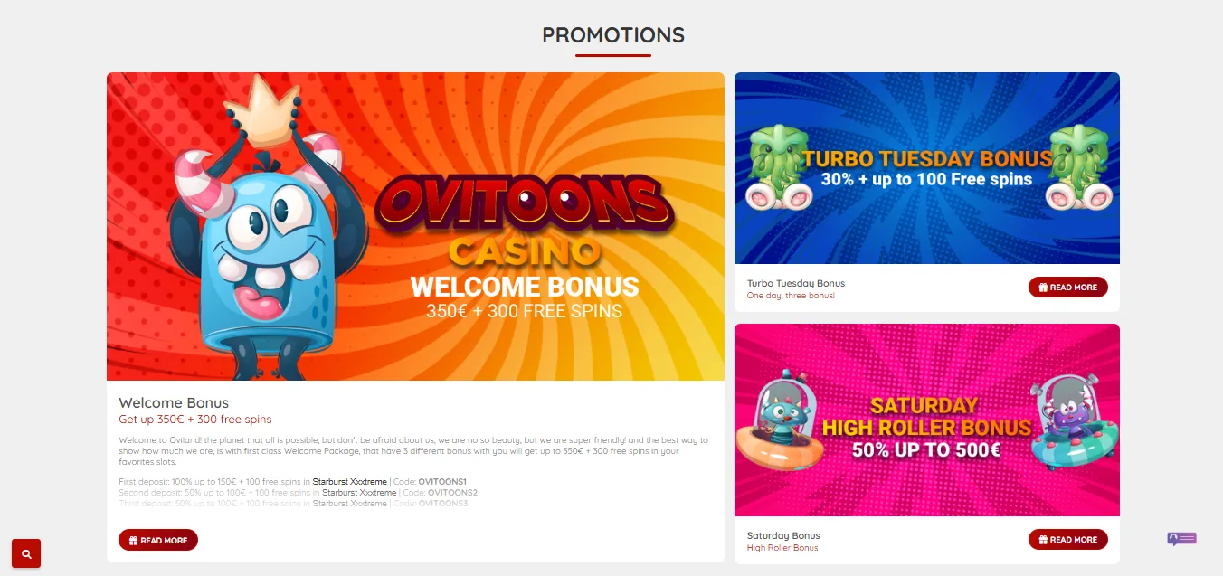 Screenshot of Ovitoonscasino's welcome bonus offer
