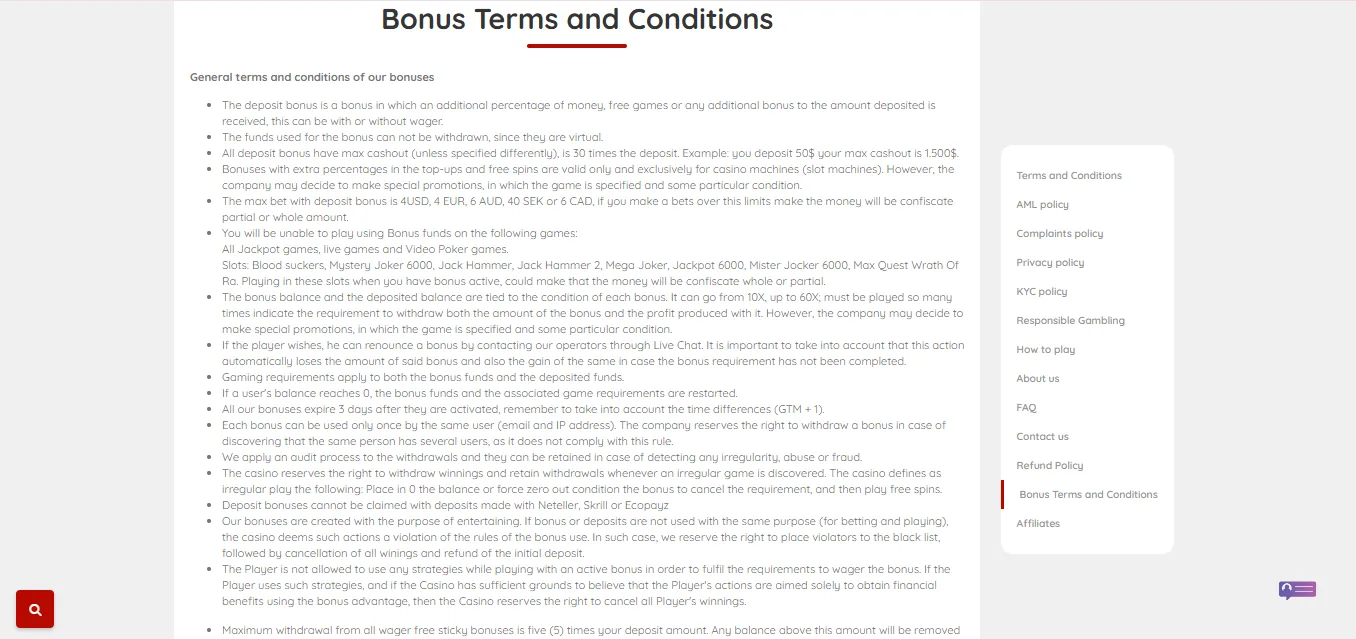 Screenshot of Ovitoonscasino's bonus terms and wagering requirements