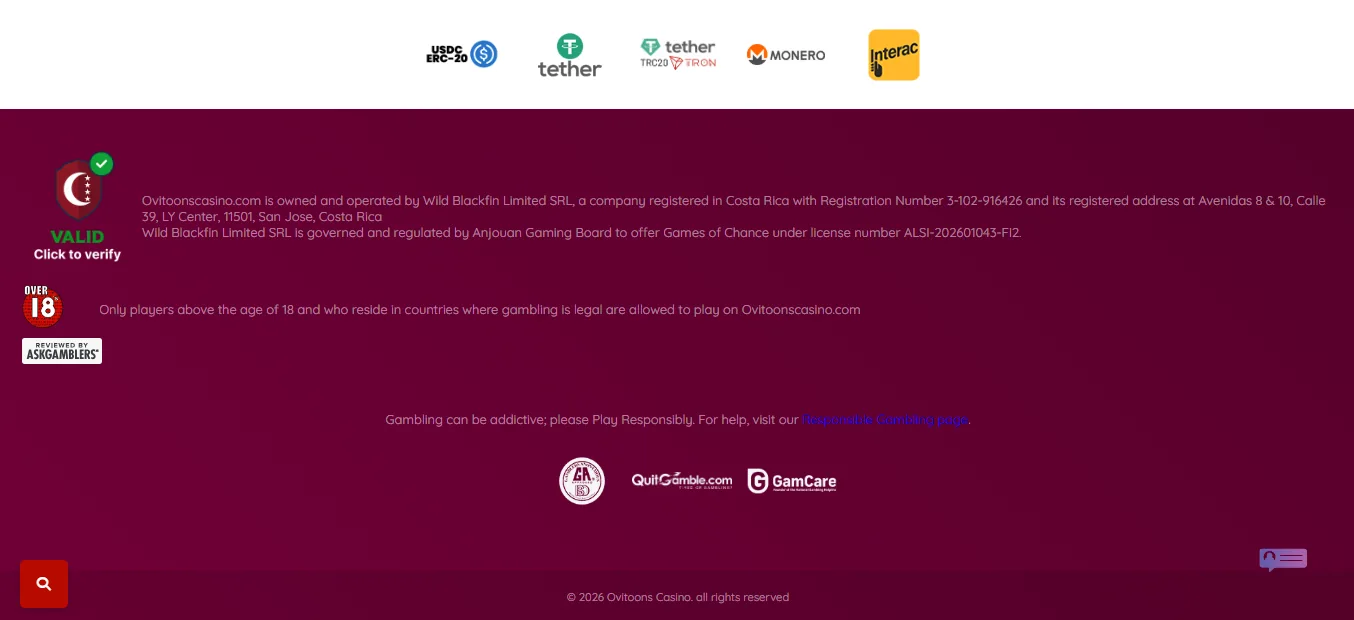 Screenshot of Ovitoonscasino's footer licence and regulator details