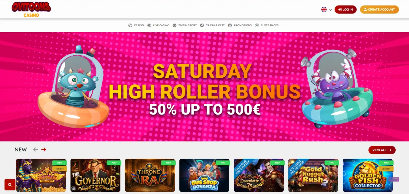 Screenshot of Ovitoonscasino's homepage