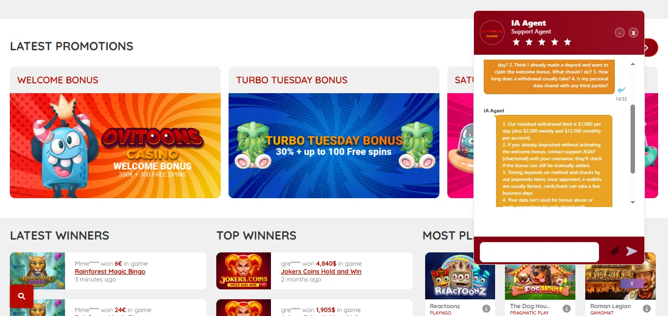 Screenshot of Ovitoonscasino's live chat support window