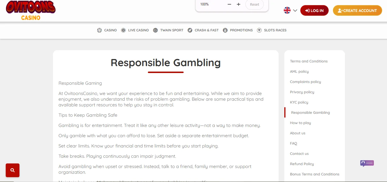 Screenshot of Ovitoonscasino's responsible-gambling tools