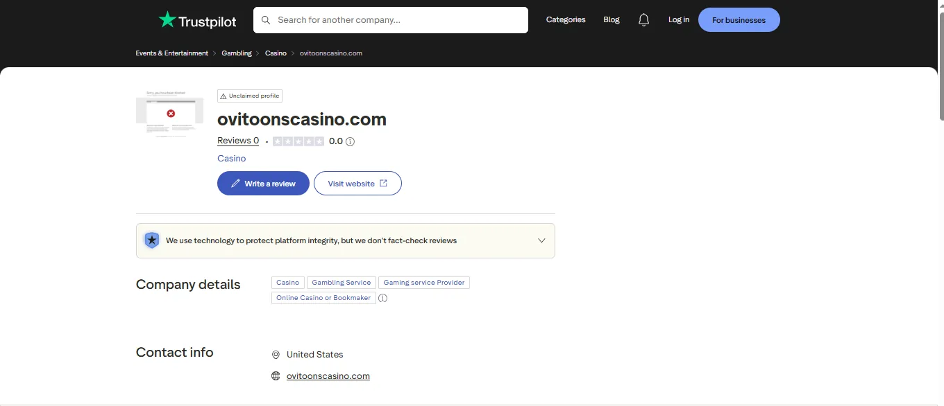 Screenshot of Ovitoonscasino's Trustpilot rating overview