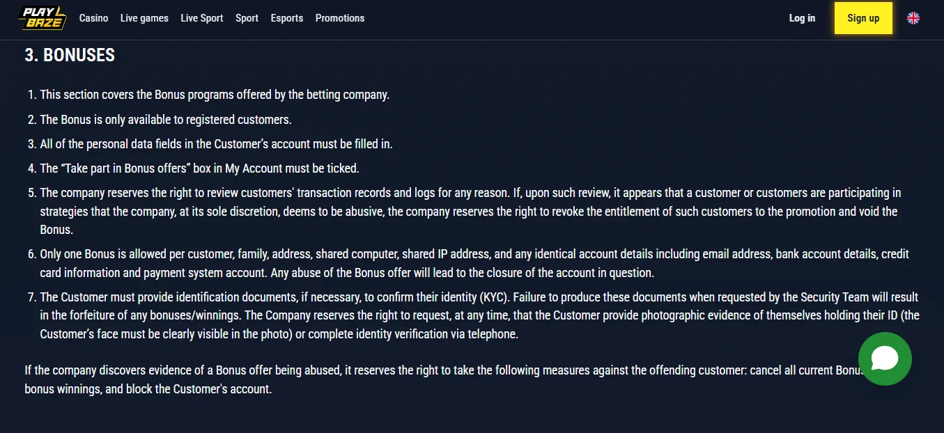 Screenshot of PlayBaze's bonus terms and wagering requirements