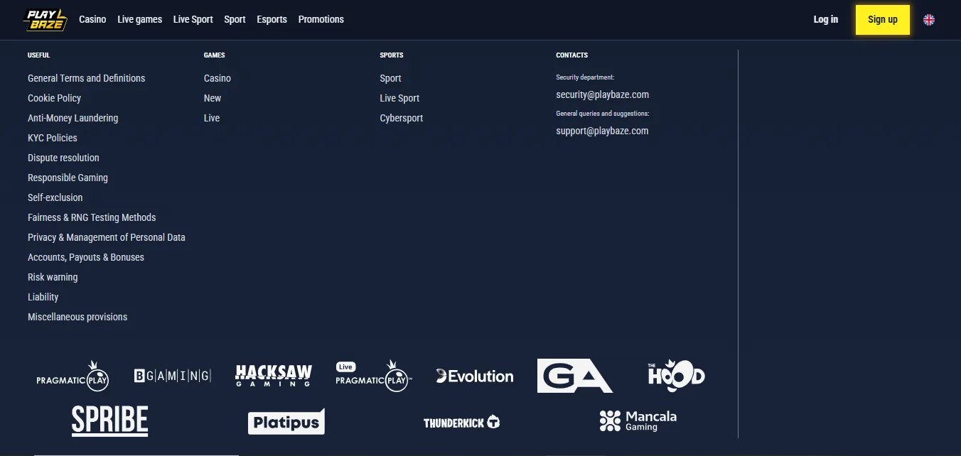 Screenshot of PlayBaze's footer licence and regulator details