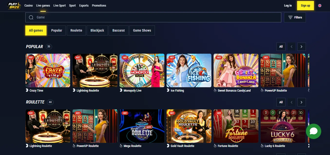 Screenshot of PlayBaze's games lobby