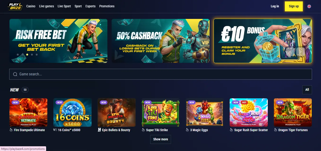 Screenshot of PlayBaze's homepage