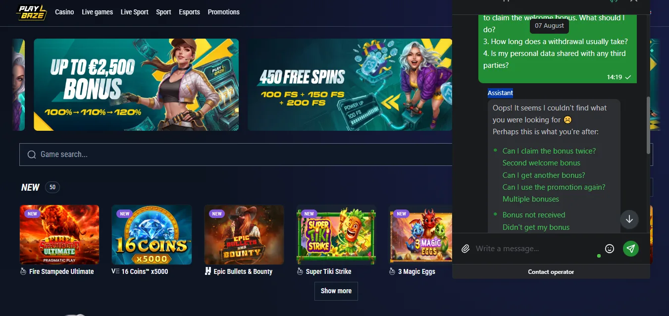 Screenshot of PlayBaze's live chat support window