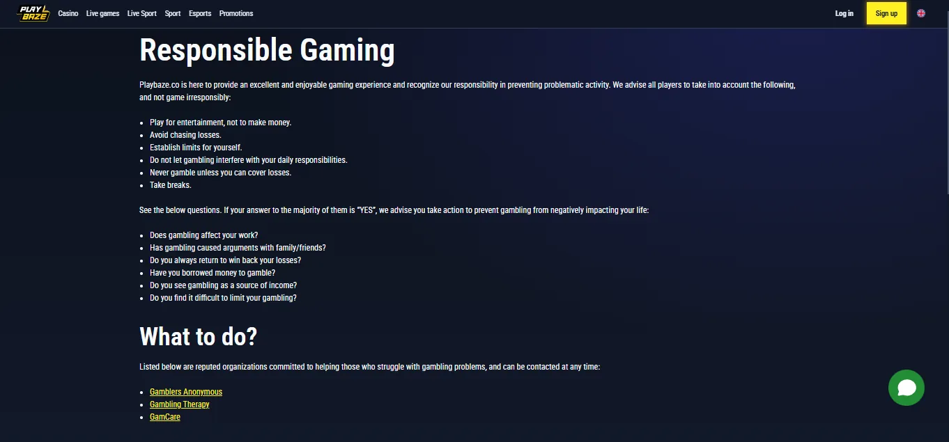 Screenshot of PlayBaze's responsible-gambling tools