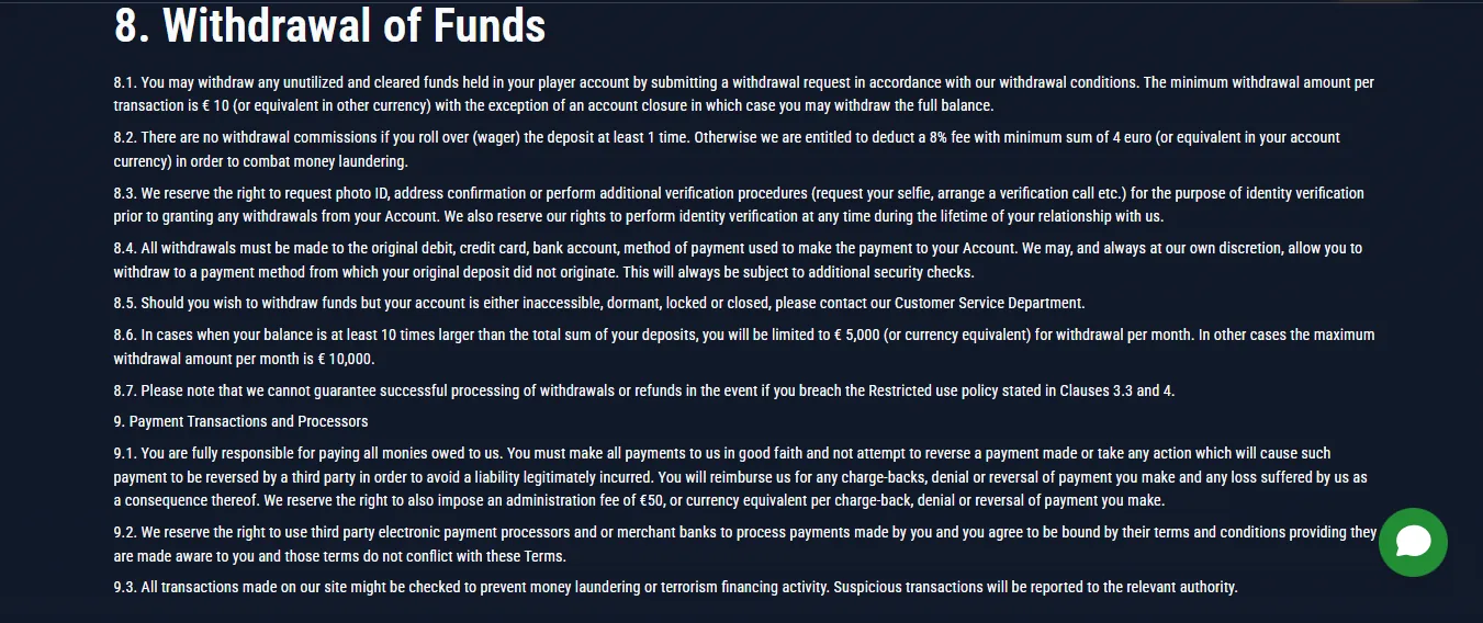 Screenshot of PlayBaze's withdrawal section and limits