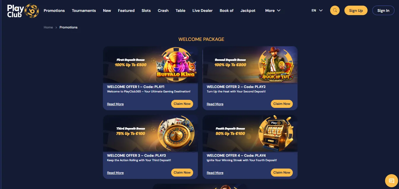 Screenshot of Playclub365's welcome bonus offer