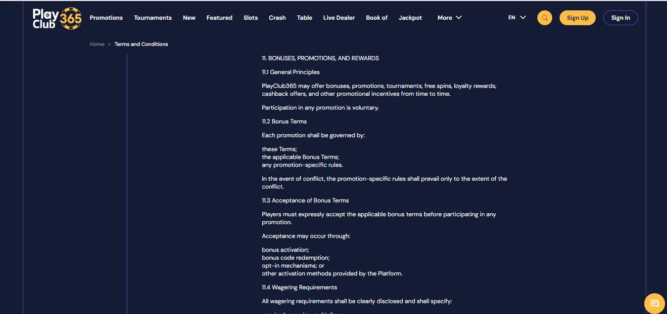 Screenshot of Playclub365's bonus terms and wagering requirements