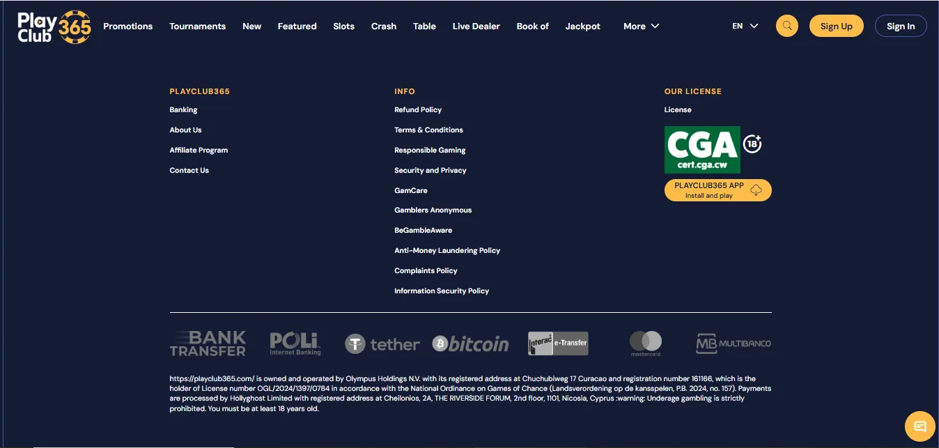 Screenshot of Playclub365's footer licence and regulator details
