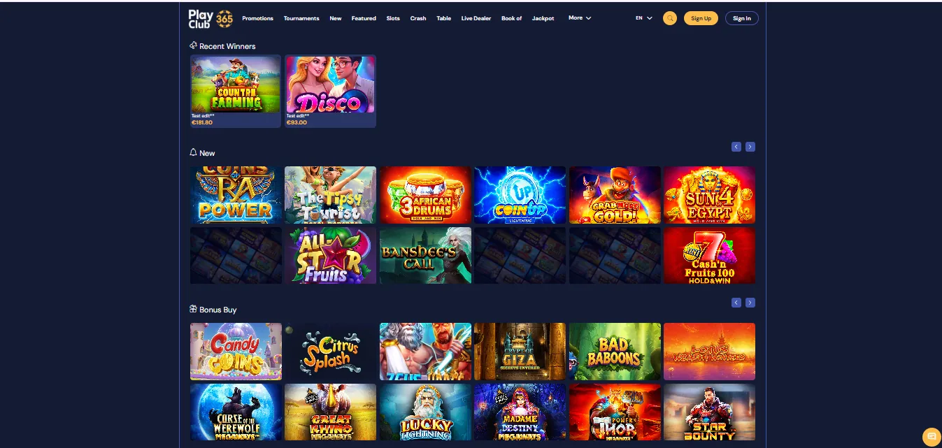 Screenshot of Playclub365's games lobby