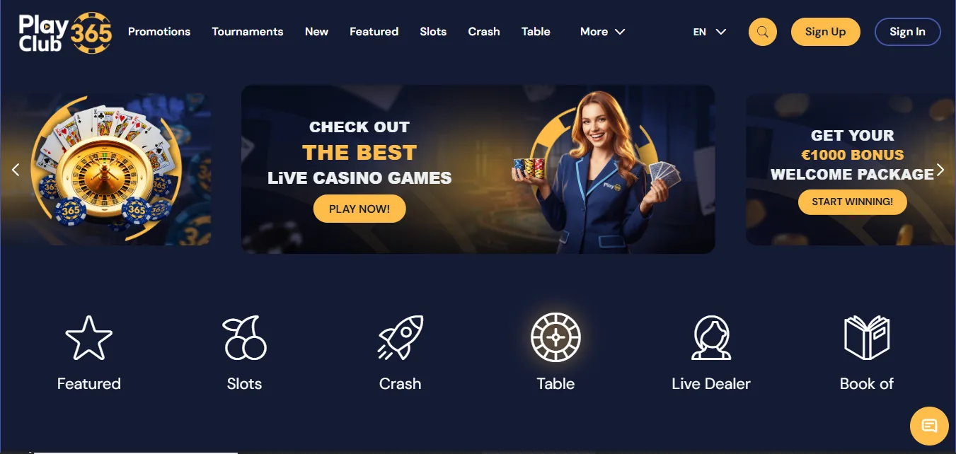 Screenshot of Playclub365's homepage