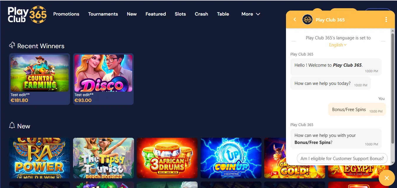 Screenshot of Playclub365's live chat support window