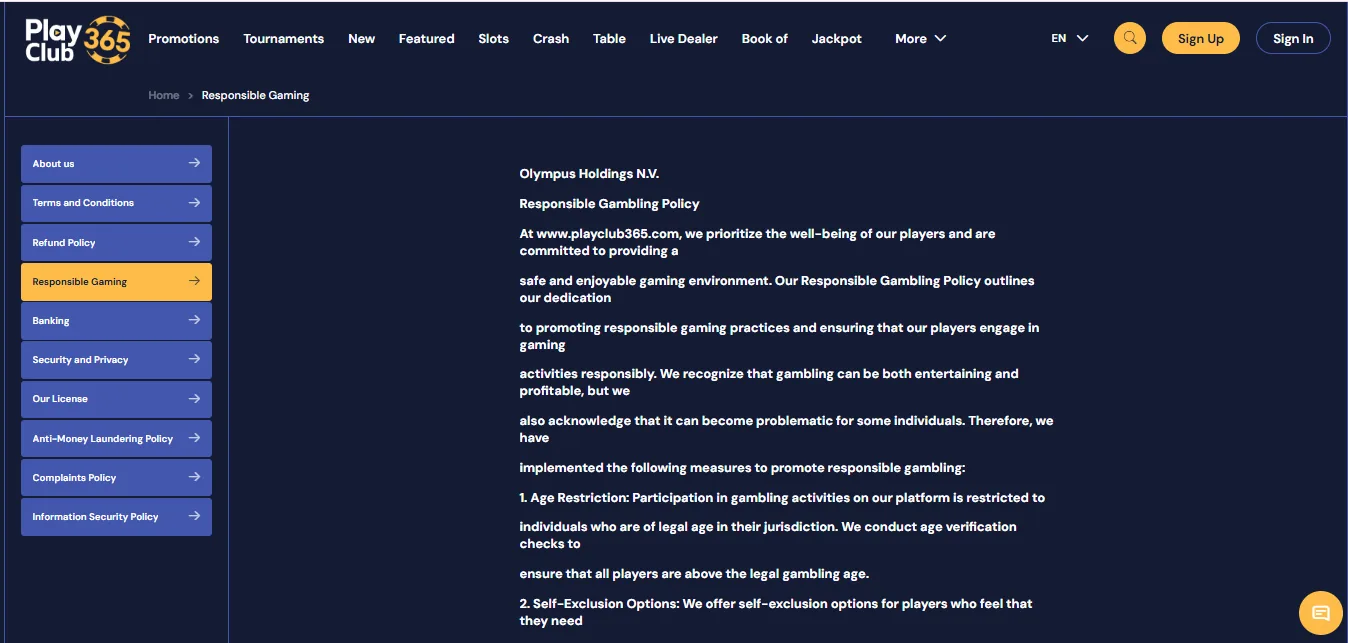 Screenshot of Playclub365's responsible-gambling tools