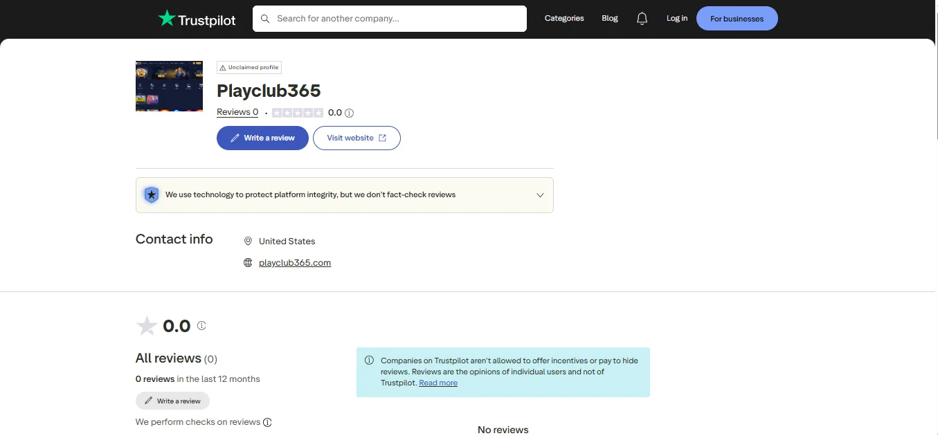 Screenshot of Playclub365's Trustpilot rating overview