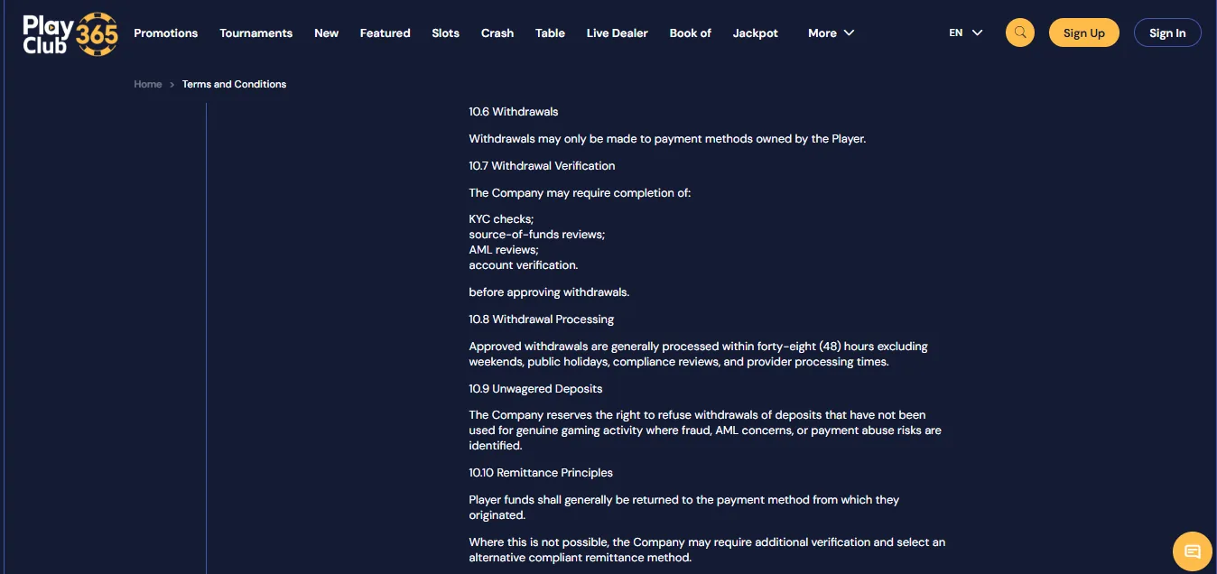 Screenshot of Playclub365's withdrawal section and limits