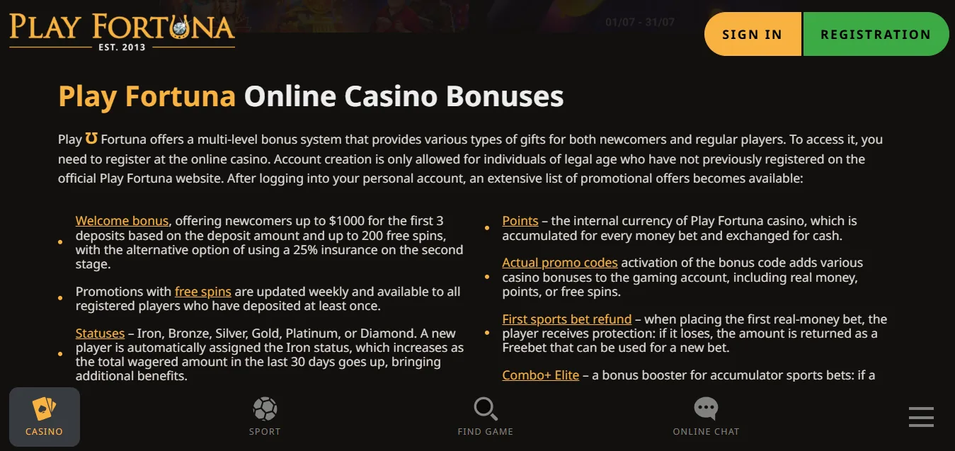 Screenshot of Play Fortuna's welcome bonus offer