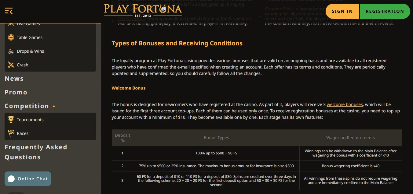 Screenshot of Play Fortuna's bonus terms and wagering requirements