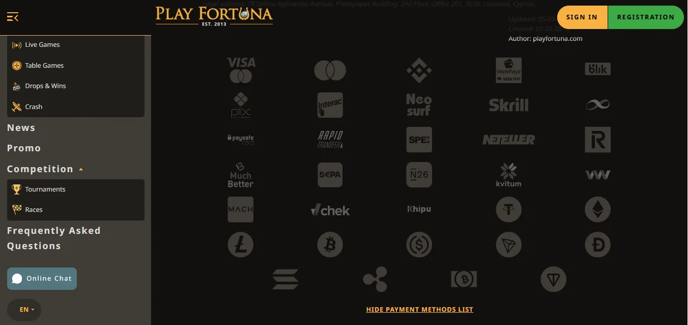 Screenshot of Play Fortuna's cashier and payment methods