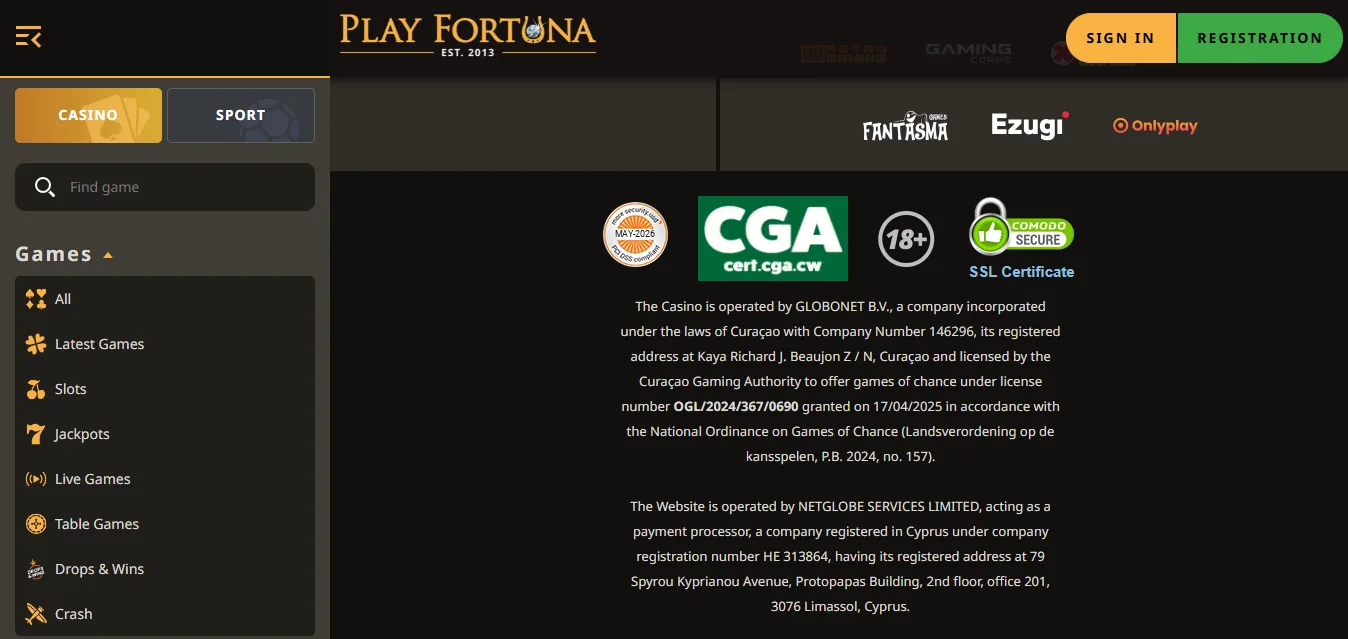 Screenshot of Play Fortuna's footer licence and regulator details