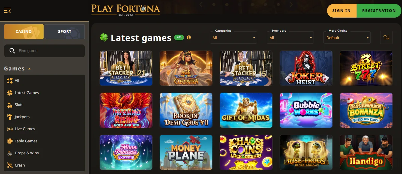 Screenshot of Play Fortuna's games lobby
