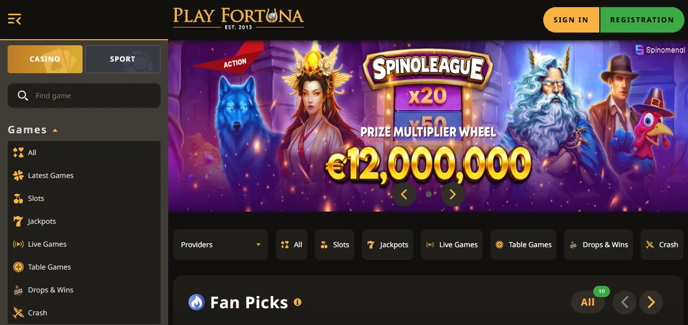 Screenshot of Play Fortuna's homepage