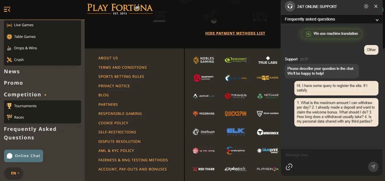 Screenshot of Play Fortuna's live chat support window