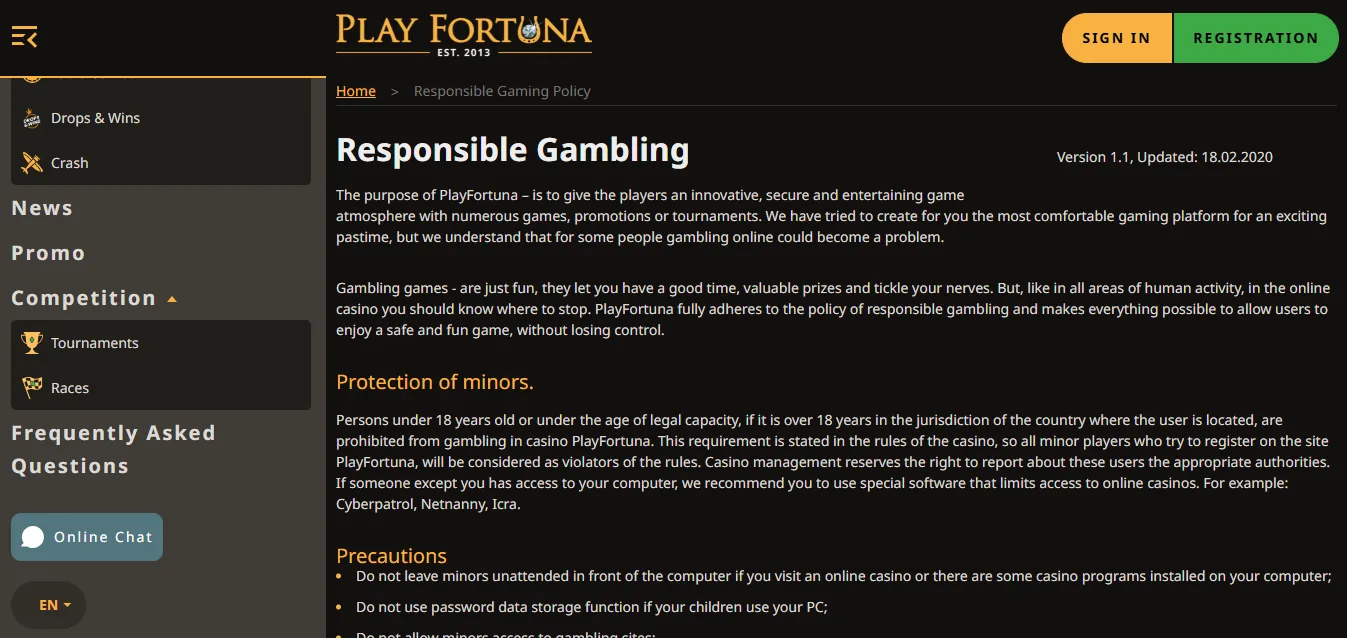 Screenshot of Play Fortuna's responsible-gambling tools