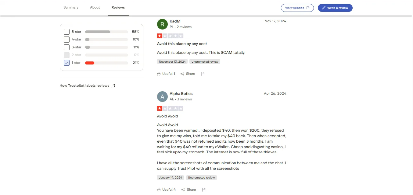 Screenshot of Play Fortuna's negative Trustpilot review