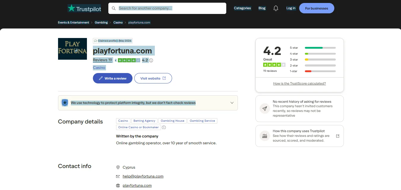 Screenshot of Play Fortuna's Trustpilot rating overview